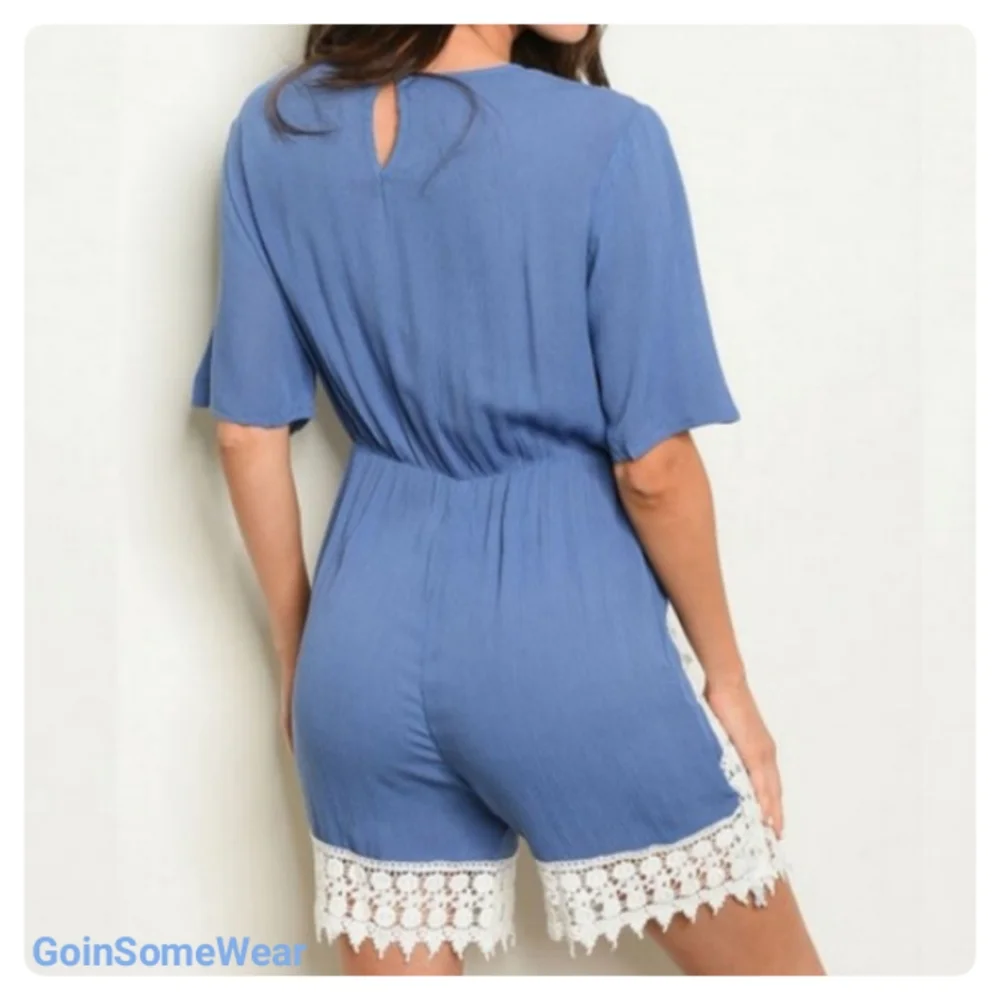 Blue White Lace Crochet Trim Short Sleeve Romper - Picture 3 of 3